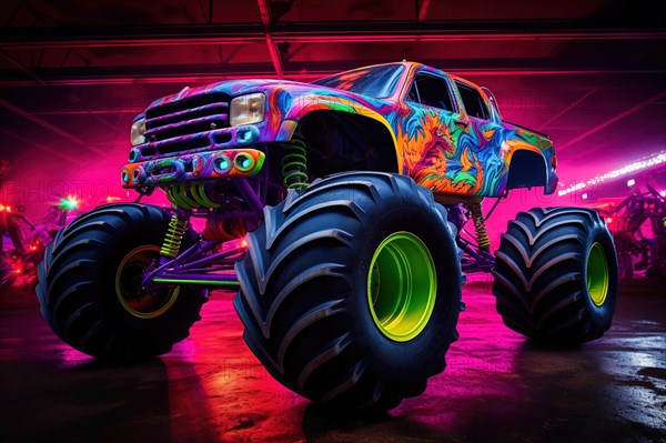 Monster truck illuminated by neon lights, excitement and thrill of an extreme sport and entertainment monster truck stunts racing show, AI generated