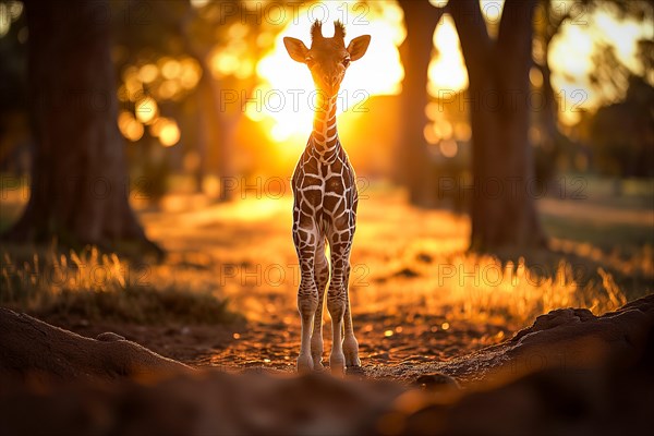 Baby giraffe standing amidst the golden rays of the setting sun, surrounded by nature s beauty, AI generated