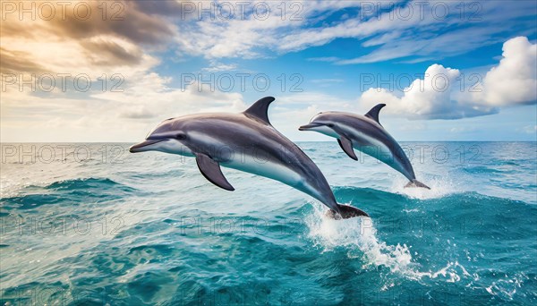 AI generated, animal, animals, mammal, mammals, biotope, habitat, two, foraging, wildlife, dolphin, elfine, dolphin, dolphins (Delphinidae) (Delphinus delphis), sideways