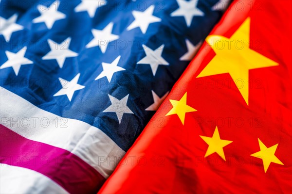 Close-up of the American and Chinese flags next to each other, AI generated, AI generated