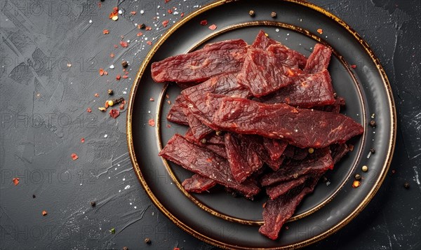 Beef jerky with spices and herbs on black background, top view, space for text AI generated