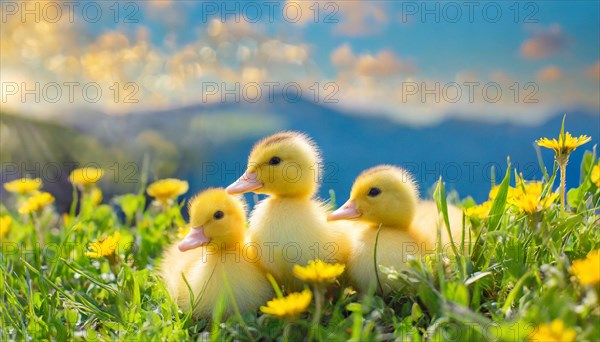 KI generated, animal, animals, bird, birds, biotope, habitat, one, single animal, foraging, wildlife, duck, ducks, domestic duck, female, (Anas platyrhynchos) white, white, yellow ducklings, young animals, animal children, two, three, four, white duck mother with yellow chicks, excursion, water, meadow, grass, spring, summer, flowers, pond, swimming, sitting, farm animal, domestic animal