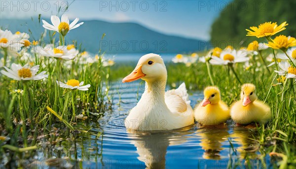 KI generated, animal, animals, bird, birds, biotope, habitat, one, single animal, foraging, wildlife, duck, ducks, domestic duck, female, (Anas platyrhynchos) white, white, yellow ducklings, young animals, animal children, two, three, four, white duck mother with yellow chicks, excursion, water, meadow, grass, spring, summer, flowers, pond, swimming, sitting, farm animal, domestic animal