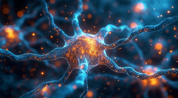Digital illustration resembling a neuron in the brain with orange and blue tones, ai generated, AI generated