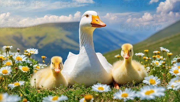 AI generated, animal, animals, bird, birds, biotope, habitat, one, individual, foraging, wildlife, goose, domestic goose, domestic geese, (Anser anser), female, gosling, gosling, yellow gosling, swim, pond, body of water, water, lie, meadow, flowers, summer, two, three, four, pet, domestic animals, farm animal, farm animals