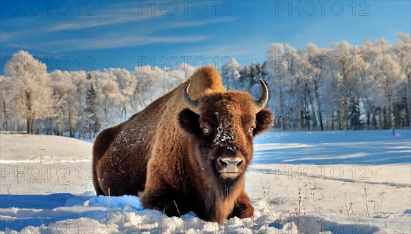 AI generated, animal, animals, mammal, mammals, biotope, habitat, a, single animal, foraging, wildlife, bison, North America, Buffalo, wild cattle, (Bison bonasus), winter, ice, snow, winter landscape, resting, portrait, frontal