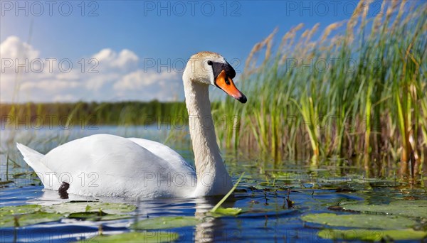 Ai generated, animal, animals, bird, birds, biotope, habitat, one, individual, swims, waters, reeds, water lilies, blue sky, foraging, wildlife, white, white swan, swans, mute swan (Cygnus olor), summer, seasons, sideways