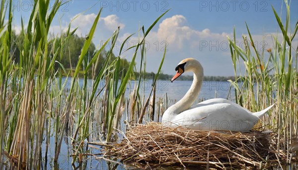 Ai generated, animal, animals, bird, birds, biotope, habitat, a, individual, water, reed, water lilies, blue sky, foraging, wildlife, white, white swan, swans, mute swan (Cygnus olor), summer, seasons, sideways