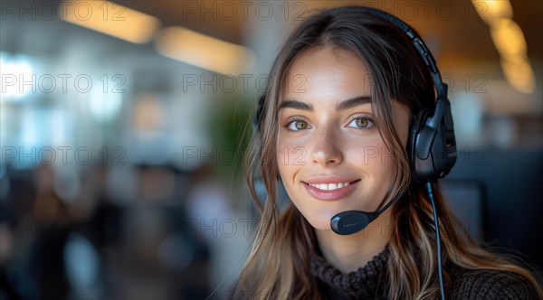 Smiling woman wearing a headset in an office environment, offering an engaging customer support experience, ai generated, AI generated