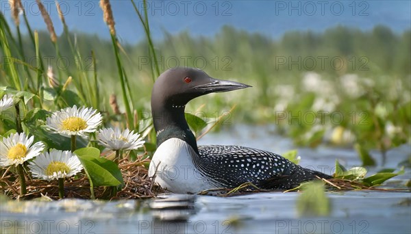 Ai generated, animal, animals, bird, birds, biotope, habitat, a, individual, swims, waters, breeds, nest, reeds, water lilies, blue sky, foraging, wildlife, summer, seasons, loon, (Gavia immer), tundra, Greenland, Iceland, Canada, loon, winters on the coasts of Europe, North America