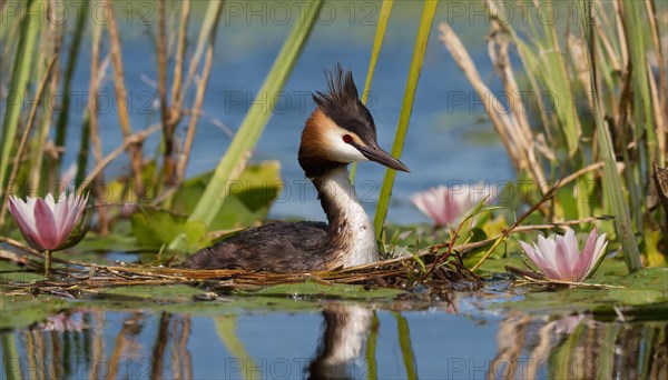 Ai generated, animal, animals, bird, birds, biotope, habitat, a, individual, swims, waters, reeds, water lilies, blue sky, foraging, wildlife, summer, seasons, great crested grebe (podiceps cristatus), breeds, nest