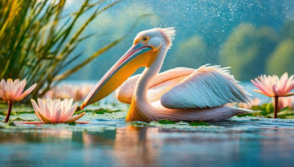 Ai generated, animal, animals, bird, birds, biotope, habitat, one, individual, swims, waters, reeds, water lilies, blue sky, foraging, wildlife, summer, seasons, dalmatian pelican (Pelecanus crispus)