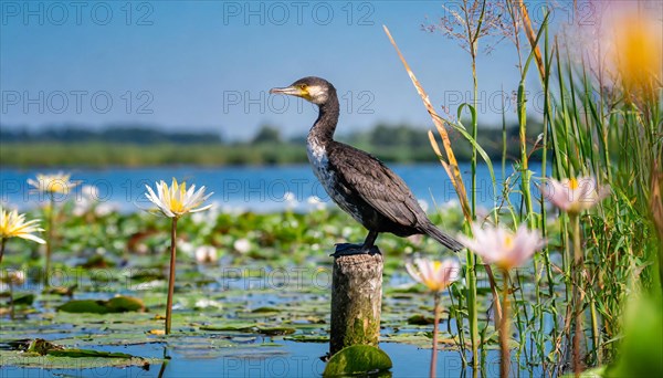 Ai generated, animal, animals, bird, birds, biotope, habitat, a, single animal, stands on pole, waters, reeds, water lilies, blue sky, foraging, wildlife, summer, seasons, great cormorant (Phalacrocorax carbo)