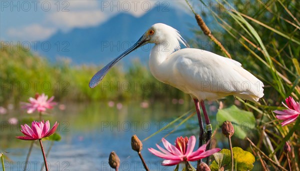 Ai generated, animal, animals, bird, birds, biotope, habitat, a, individual, swims, waters, reeds, water lilies, blue sky, foraging, wildlife, summer, seasons, spoonbill, (Platalea leucordia), spoonbill