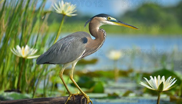 KI generated, animal, animals, bird, birds, biotope, habitat, one, individual, water, reed, winter, snow, blue sky, foraging, wildlife, seasons, heron, little blue heron (Egretta caerulea), Florida, Mexico, Central America