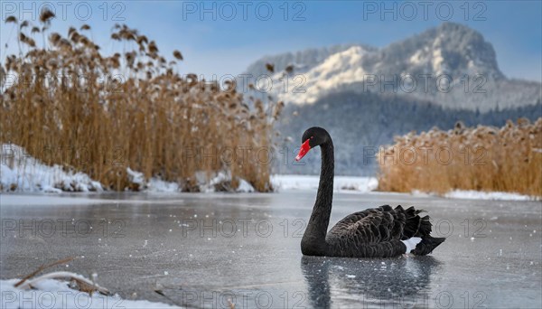 KI generated, animal, animals, bird, birds, biotope, habitat, one, individual, water, reed, blue sky, foraging, wildlife, summer, seasons, black swan (Cygnus atratus), Black Swan, snow, ice, winter