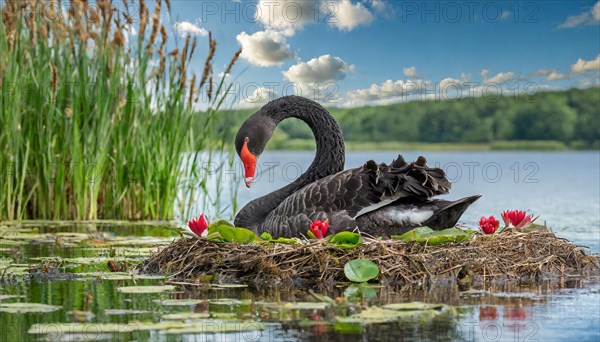 KI generated, animal, animals, bird, birds, biotope, habitat, one, individual, water, reed, blue sky, foraging, wildlife, summer, seasons, black swan (Cygnus atratus), Black Swan, snow, ice, winter