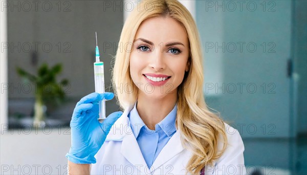 AI generated, RF, woman, woman, doctor, female doctor, 25, 30, years, attractive, attractive, doctor's office, holds a syringe in her hand, disposable syringe, flu shot, corona, pneumococcal, prevention, health, blonde, blonde, beautiful teeth, long hair