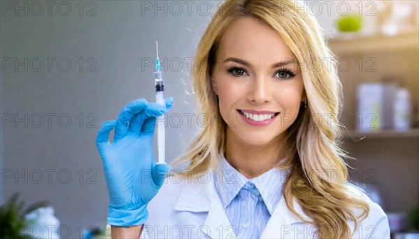 AI generated, RF, woman, woman, doctor, female doctor, 25, 30, years, attractive, attractive, doctor's office, holds a syringe in her hand, disposable syringe, flu shot, corona, pneumococcal, prevention, health, blonde, blonde, beautiful teeth, long hair