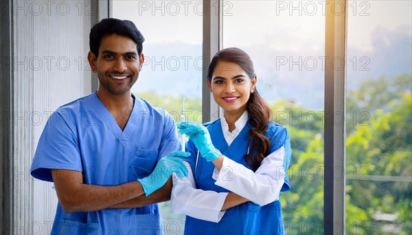 Ai generated, RF, woman, woman, man, men, doctor, female doctor, two, 30-35, years, attractive, attractive, doctor's office, holds a syringe in his hand, disposable syringe, flu shot, corona, pneumococcal, prevention, health, beautiful teeth, long hair, two people, Indian