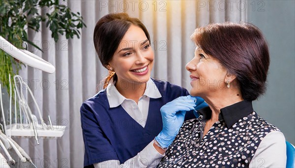 AI generated, dentist treats a middle-aged woman, dentist, blonde, 30, 35, years, dental treatment, follow-up, patient, 50, AI generated