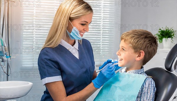 AI generated, dentist treats little boy, dentist, blonde, 30, 35, years, dental treatment, follow-up, AI generated