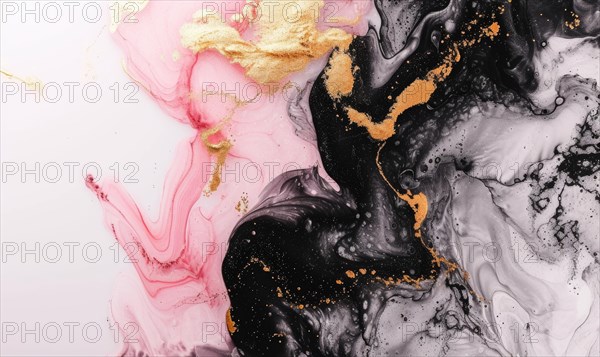 Black, pink, white and gold abstract background. Marbling artwork texture. Rose quartz ripple pattern. Gold powder AI generated