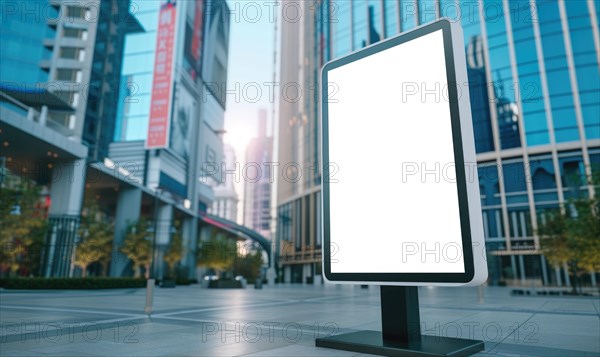 Blank street billboard on city street. Mock up of vertical advertising stand in the street AI generated