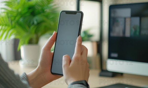 Mockup image of a woman's hands holding and using smart phone with blank screen AI generated