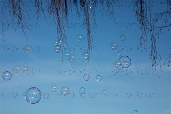 Soap bubbles multicoloured film of soapy water next to each other in front of a blue sky