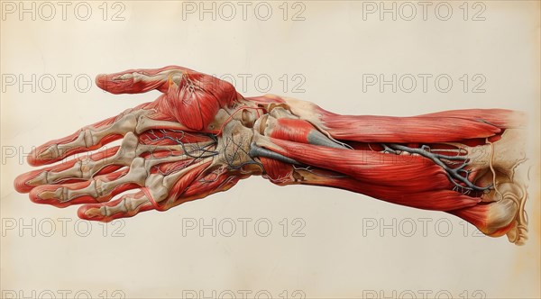A vintage style anatomical illustration displaying the muscles, tendons, and bones of the hand, AI generated