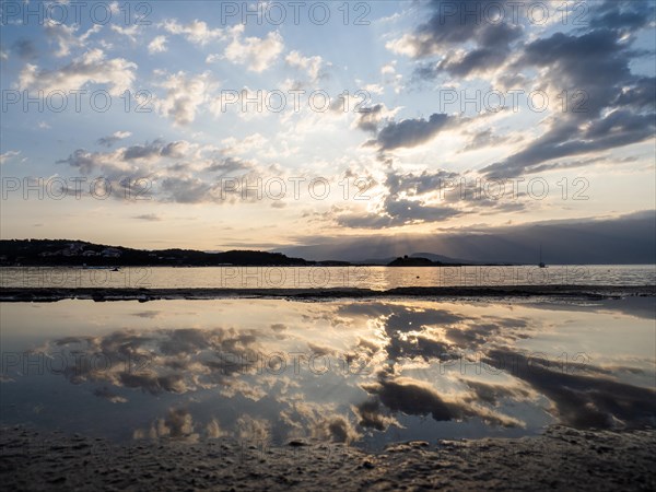 Morning atmosphere on the beach at sunrise, Lopar, island of Rab, Kvarner Gulf Bay, Croatia, Europe