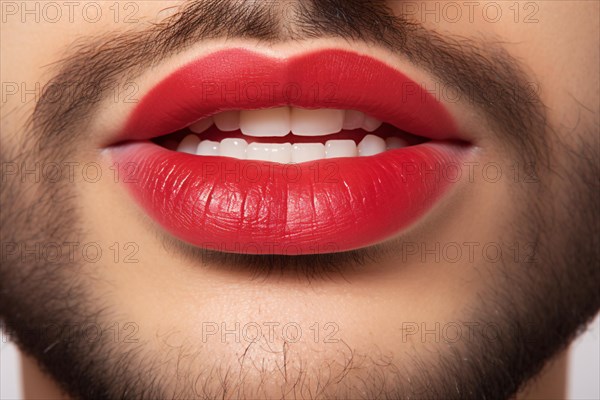 Close up of man with beard and bright red lipstick. KI generiert, generiert AI generated