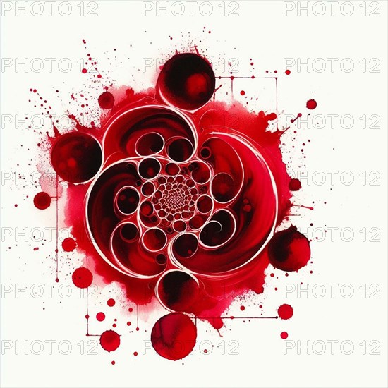 Symmetric abstract design of circles and splatter paint in red and black, AI generated