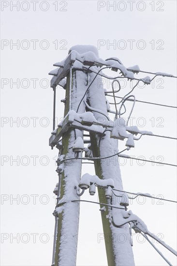 Old, snow-covered telegraph pole in winter, Germany, Europe