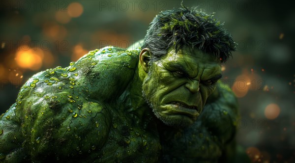 Hulk in a concentrated pose with water droplets, as if bracing for battle, AI generated