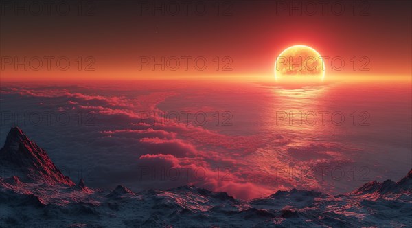 Science fiction landscape with a red sky and a gigantic planet rising above the clouds, AI generated