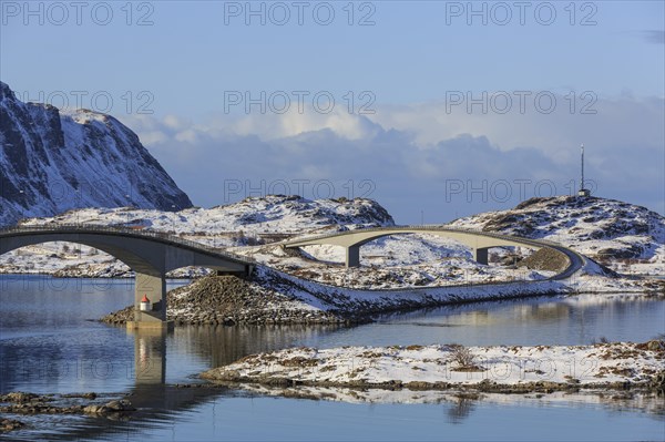 Fredvang bridges in winter, Fredvang, Lofoten, Nordland, Norway, Europe