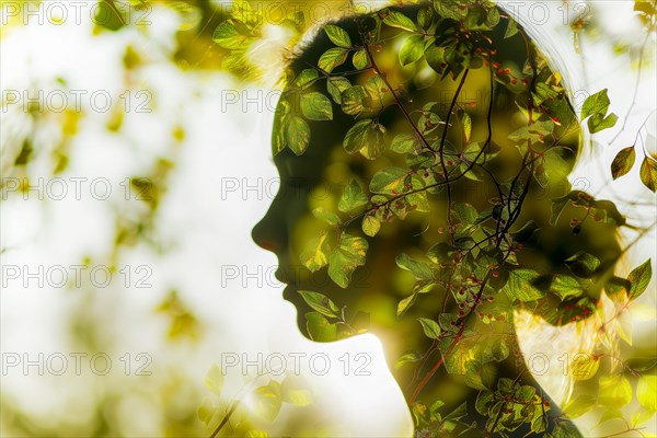 Silhouette of a person with a double exposure of leaves in sunlight, symbolic image for environmentally conscious living, AI generated, AI generated