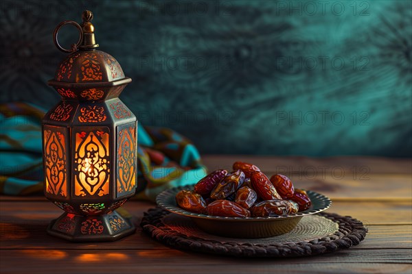 Ramadan lantern to a plate of succulent figs, set on an ornate table with intricate designs, evoking the rich traditions and serene moments of the holy month, AI generated