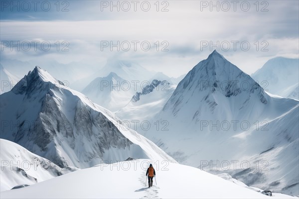 A mountaineer in mountains approaching a majestic snowy mountain peak amidst a snowfall and snow storm. Solitude and determination, adventure and challenge of climbing in extreme conditions, AI generated
