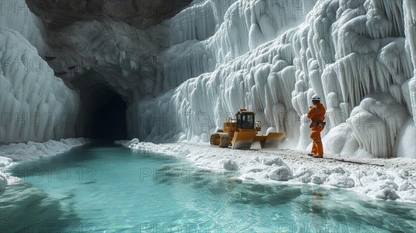 Lithium mining in a white salt lake in South America, AI generated