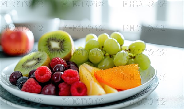 Fresh fruits on a white plate in the kitchen. Healthy eating AI generated