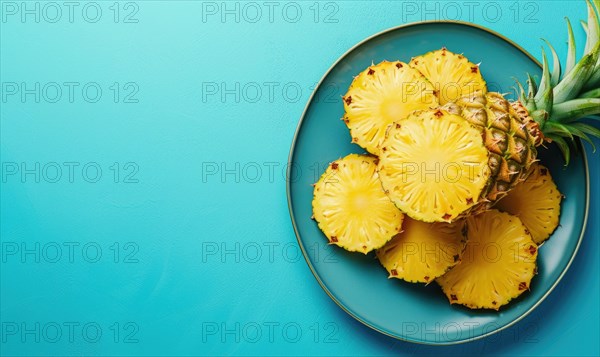 Pineapple slices on blue plate over blue background. Top view with copy space AI generated