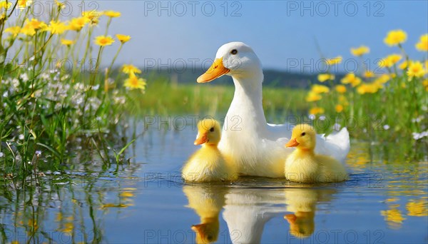 KI generated, animal, animals, bird, birds, biotope, habitat, one, single animal, foraging, wildlife, duck, ducks, domestic duck, female, (Anas platyrhynchos) white, white, yellow ducklings, young animals, animal children, two, three, four, white duck mother with yellow chicks, excursion, water, meadow, grass, spring, summer, flowers, pond, swimming, sitting, farm animal, domestic animal