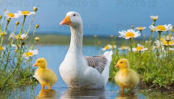 AI generated, animal, animals, bird, birds, biotope, habitat, one, individual, foraging, wildlife, goose, domestic goose, domestic geese, (Anser anser), female, gosling, gosling, yellow gosling, swim, pond, body of water, water, lie, meadow, flowers, summer, two, three, four, pet, domestic animals, farm animal, farm animals