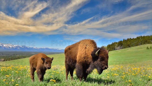 AI generated, animal, animals, mammal, mammals, biotope, habitat, two, bison with calf, spring, foraging, wildlife, bison, North America, buffalo, wild cattle, (Bison bonasus)