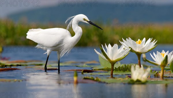 Ai generated, animal, animals, bird, birds, biotope, habitat, a, individual, swims, waters, reeds, water lilies, blue sky, foraging, wildlife, summer, seasons, little egret (Egretta garzetta)