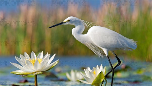 Ai generated, animal, animals, bird, birds, biotope, habitat, a, individual, swims, waters, reeds, water lilies, blue sky, foraging, wildlife, summer, seasons, little egret (Egretta garzetta)