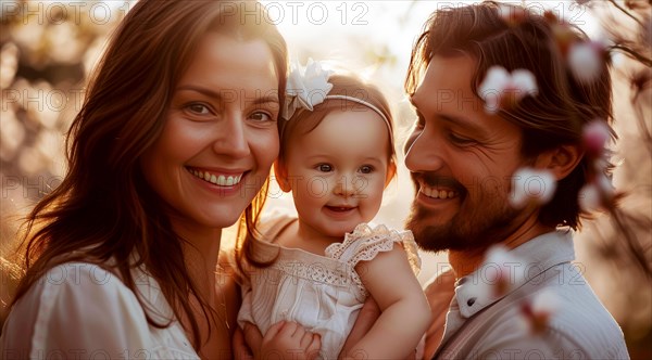 A joyful family moment with a toddler held by smiling parents among blooming trees, ai generated, AI generated